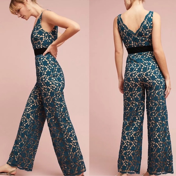 Anthropologie Pants - Teal Lace Wide-Leg Jumpsuit with Black Waist